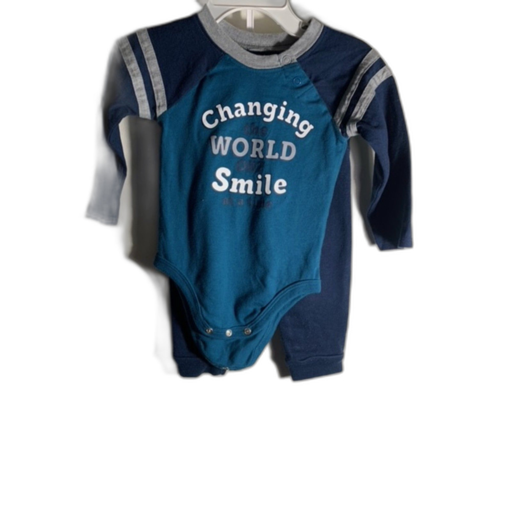 Garanimals Bundle 12M Blue Gray/ BLK WHT / Olive Green Shirt & Pants (3) Set